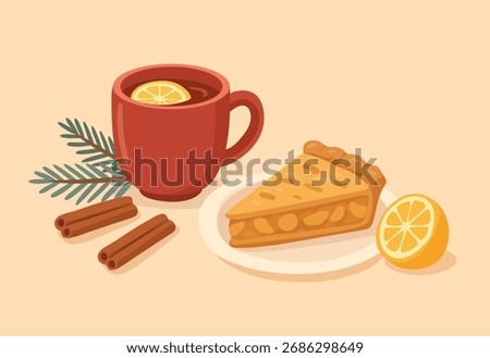 Flat warm winter illustration with a cup of tea, homemade pie and cinnamon sticks on a soft beige background, cozy holiday still life.