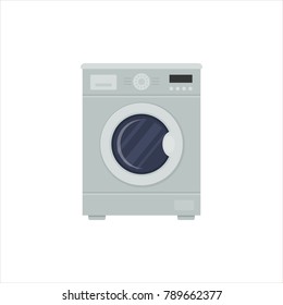 Flat washing machine isolated on white background. Home appliance, laundromat for laundry room, bathroom interior - vector illustration