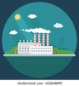 Flat waste incineration plant exterior with City in the background. Building, workers. recycling, nature care, alternative resource, incinerator concept. Vector background illustration