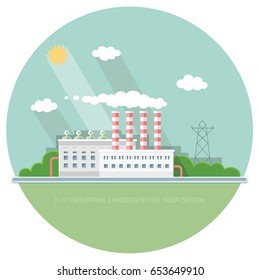 Flat waste incineration plant exterior with City in the background. Building, workers. recycling, nature care, alternative resource, incinerator concept. Vector background illustration