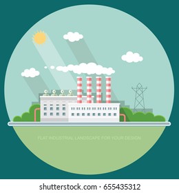 Flat waste incineration plant exterior with City in the background. Building, workers. recycling, nature care, alternative resource, incinerator concept. Vector background illustration