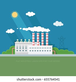 Flat waste incineration plant exterior with City in the background. Building, workers. recycling, nature care, alternative resource, incinerator concept. Vector background illustration