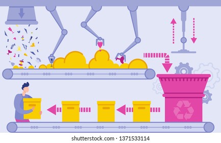 Flat Waste Recycling Plant Vector Illustration. Conveyor Belt Automatically Discharges Waste and Produces Paper Boxes. Man Assembling Box Convectors. Secondary Production Saves Money and Resources.