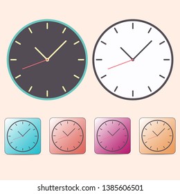 Flat watch clocks  with arow icons set from warm color isolated on background. EPS 10 vector illustration