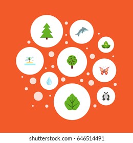 Flat Water, China Bear, Tree And Other Vector Elements. Set Of Green Flat Symbols Also Includes Moth, Drop, Eco Objects.