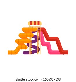 Flat water slides in aqua park, amusement park isolated on white background. Aquapark element with colorful pipes, tubes vector illustration
