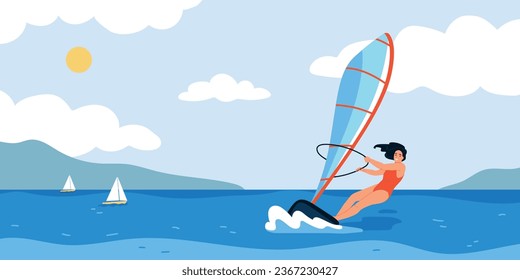 Flat water sport concept with happy woman windsurfing vector illustration