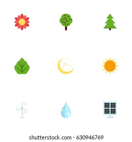 Flat Water, Tree, Foliage And Other Vector Elements. Set Of Environment Flat Symbols Also Includes Power, Wind, Solar Objects.