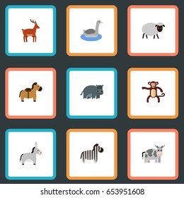 Flat Waterbird, Horse, Kine And Other Vector Elements. Set Of Zoology Flat Symbols Also Includes Horns, Donkey, Merinos Objects.