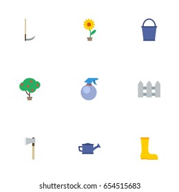 Flat Watering Can, Bucket, Green Wood And Other Vector Elements. Set Of Agriculture Flat Symbols Also Includes Watering, Fence, Gumboots Objects.