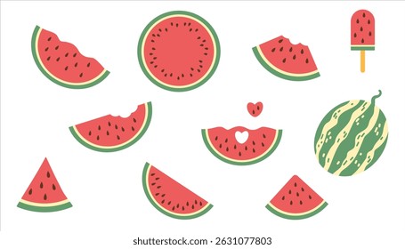 Conjunto de melancia plana. Coleção de desenhos animados vetoriais de pedaços de frutas maduras, fatias triangulares e divididas pela metade, melancias inteiras, casca, semente.