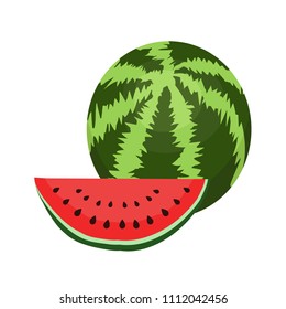 Flat Watermelon whole, a slice piece and seeds isolated. National Watermelon Day - vector illustration of ripe juicy summer seasonal fruit berry. 