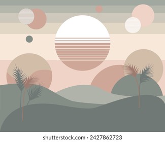 Flat wave background gradient mountains desert, sunset, abstraction, geometry, modern design in boho style calm shade for banner, card, poster