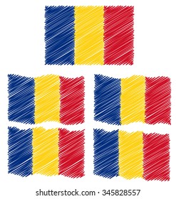 Flat and Waving Hand Draw Sketch Flag of Romania Country