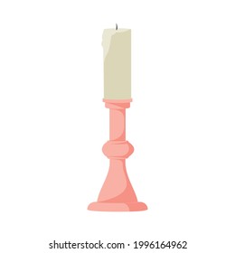 Flat wax candle in pink candlestick vector illustration