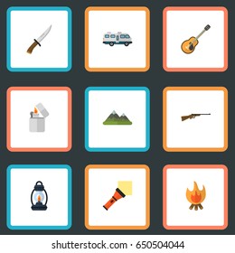 Flat Weapon, Kerosene, Cigarette And Other Vector Elements. Set Of Camping Flat Symbols Also Includes Hunting, Fire, Van Objects.