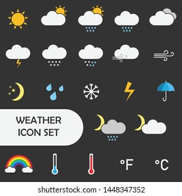Flat weather forecast icon set. Vector illustration. 