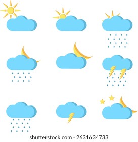 Conjunto de iconos de pronóstico de Clima plano con sol, lluvia, nube, relámpago y luna: símbolos de Vector mínimos para App, interfaz de usuario e infografías climáticas	