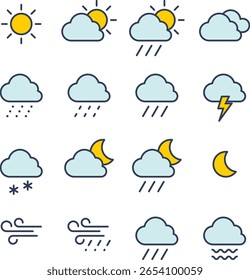 Conjunto de iconos de Clima plano con sol, nube, lluvia, nieve, trueno y viento en estilo de línea moderna para interfaz de usuario de pronóstico y diseño de App móvil