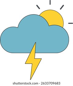 Flat weather icon showing cloud, sun, and lightning bolt. Perfect for forecast apps, climate infographics, or storm alert visuals. Simple and colorful vector design