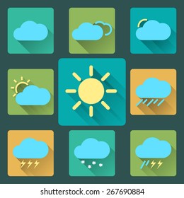 Flat Weather icons and set. Long Shadows. Seasons theme, easy to use as icons, logo on web, mobile app. Vector illustration