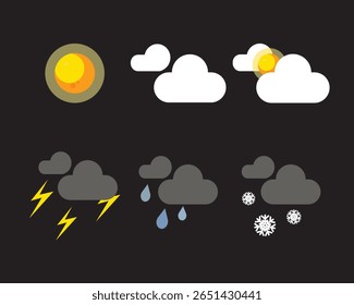 Conjuntos de ícones de tempo plano - Sol, Nuvem, Chuva, Neve, Tempestade - Símbolos de meteorologia no fundo preto

