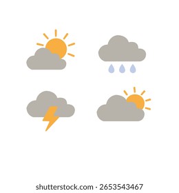 Conjunto de iconos de Clima plano – Sol, lluvia, tormenta, nublado – Ilustración vectorial mínima