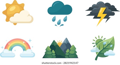 Flat Weather and Nature Vector Icon Set Featuring Sunny Clouds, Rain Drops, Thunderstorms, Magic Rainbows, Mountain Landscapes, and Eco Green Leaf Badges.eps
