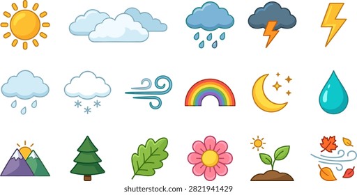 Flat Weather and Season Vector Icon Set Featuring Sun, Rain Clouds, Lightning Storms, Snowflakes, Rainbows, Crescent Moons, Mountains, and Autumn Leaf Elements.eps