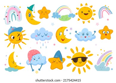 Flat weather set with cute sun, sleep moon, colorful rainbow, funny clouds and sweet stars isolated on white background. Vector stickers icons with happy emotions. Childish characters for kids.