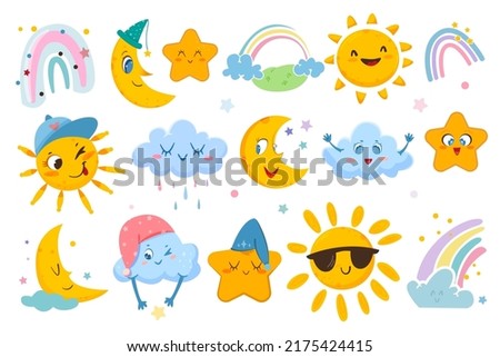 Flat weather set with cute sun, sleep moon, colorful rainbow, funny clouds and sweet stars isolated on white background. Vector stickers icons with happy emotions. Childish characters for kids.
