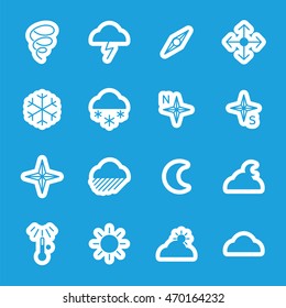 Flat weather stickers icons set vector isolated on blue