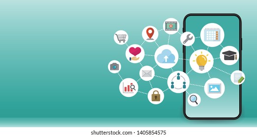 flat web banner illustration (smartphone) for business , technology, application, computer etc. (with copy space)