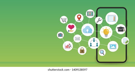 flat web banner illustration (smartphone) for business , technology, application, computer etc. (with copy space)