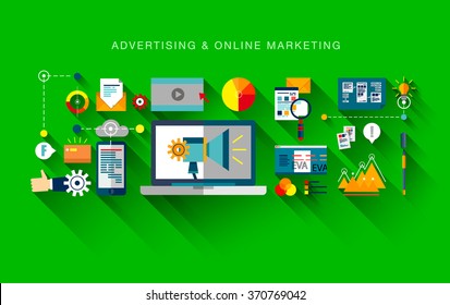 Flat web banner template design with outline icons of online marketing promotion, digital advertising research, SMM campaign. Modern vector illustration business concept for websites, infographics.