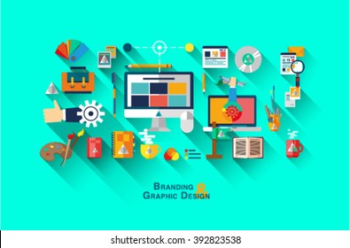 Flat web banner template design with outline icons of digital agency graphics services for company vision and brand development. Modern concept for website or infographics with branding signs