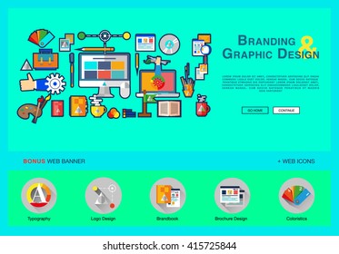 Flat web banner template design with outline icons of digital agency graphics services for company vision and brand development. Modern concept for website or infographics with branding signs