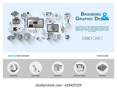 Flat web banner template design with outline icons of digital agency graphics services for company vision and brand development. Vector concept for website or infographics with branding signs 