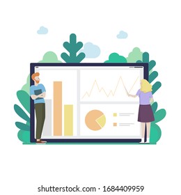 Flat web business concept vector illustration for mobile report analysis tool app. Business man and woman studying pie graphic, data and charts on tablet screen. Creative people collection.