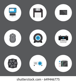 Flat Web Cam, Control Device, Laptop And Other Vector Elements. Set Of Laptop Flat Symbols Also Includes Control, PC, Ventilator Objects.