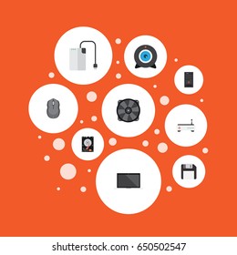 Flat Web Cam, Control Device, Diskette And Other Vector Elements. Set Of Notebook Flat Symbols Also Includes Mouse, Laptop, Cooler Objects.