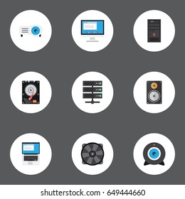 Flat Web Cam, Cooler, Hard Disk And Other Vector Elements. Set Of PC Flat Symbols Also Includes Camera, Hdd, Laptop Objects.
