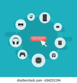 Flat Web Cam, Joystick, System Unit And Other Vector Elements. Set Of PC Flat Symbols Also Includes System, Earphone, Joystick Objects.