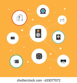 Flat Web Cam, Printing Machine, Slot Machine And Other Vector Elements. Set Of PC Flat Symbols Also Includes Hdd, Loudspeaker, Disk Objects.