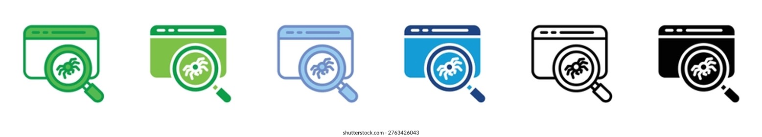 Flat web crawler icon representing automated data indexing, search engine bots, and website scanning technology.