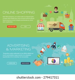 Flat and web design concept vector banners with icons of online shopping commerce and advertising marketing elements with money notebook and handshake signs