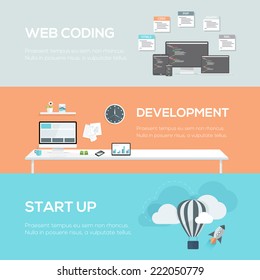 Flat Web Design Concepts. Web Coding, Development And Startup. Vector Illustration Header And Hero Images.