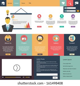 Flat web design elements, buttons, icons. Website template. 