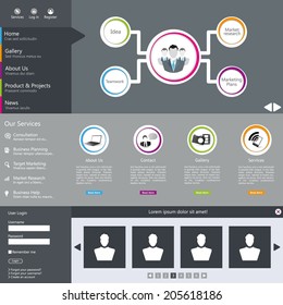 Flat web design elements, buttons, icons. Website template. With business Structure Infographics. 