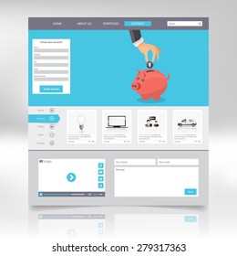 Flat web design elements, buttons, icons. Website template.  Vector